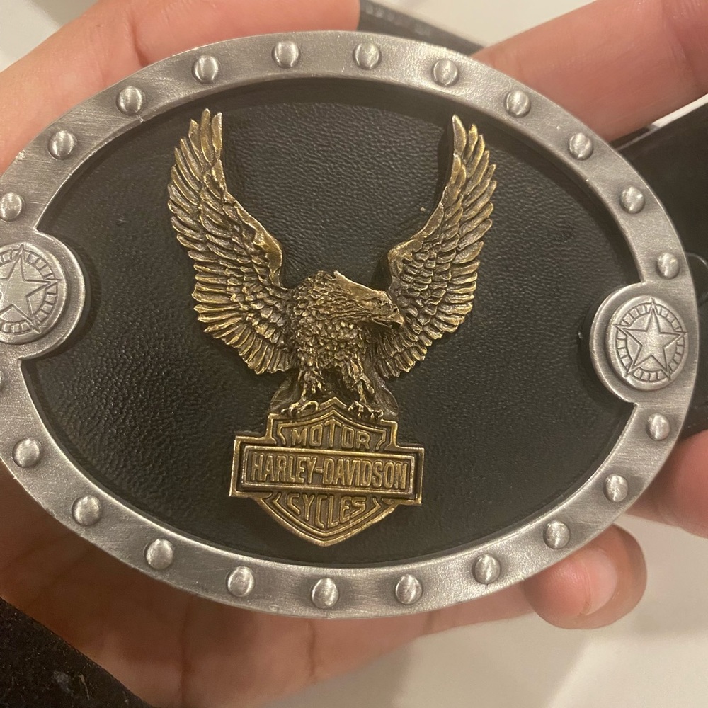 *Harley Davidson Black  Pewter Vintage Eagle Star Buckle Collection Belt